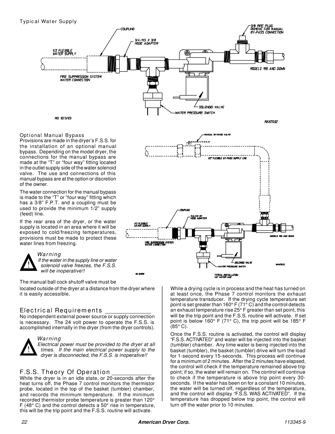 American Dryer Corp ML-55II Electrical Requirements, S. Theory Of Operation, Typical Water Supply Optional Manual Bypass 