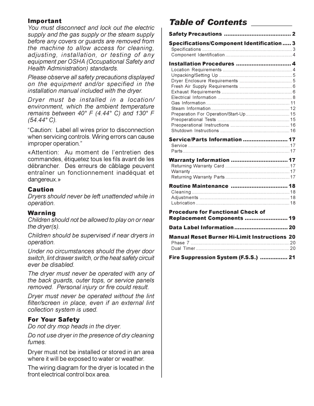 American Dryer Corp ML-55II installation manual Table of Contents 