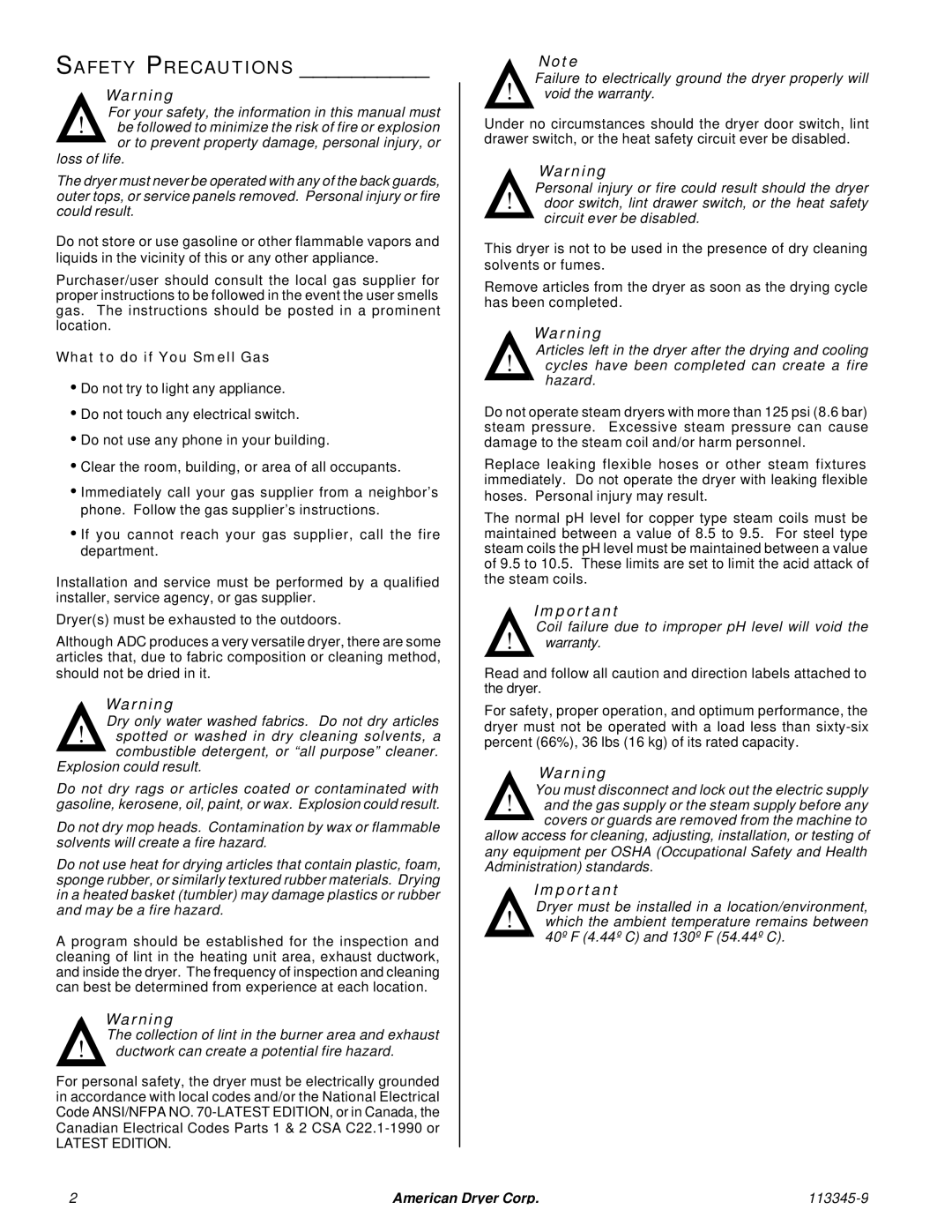 American Dryer Corp ML-55II installation manual Safety Precautions, What to do if You Smell Gas, 113345-9 