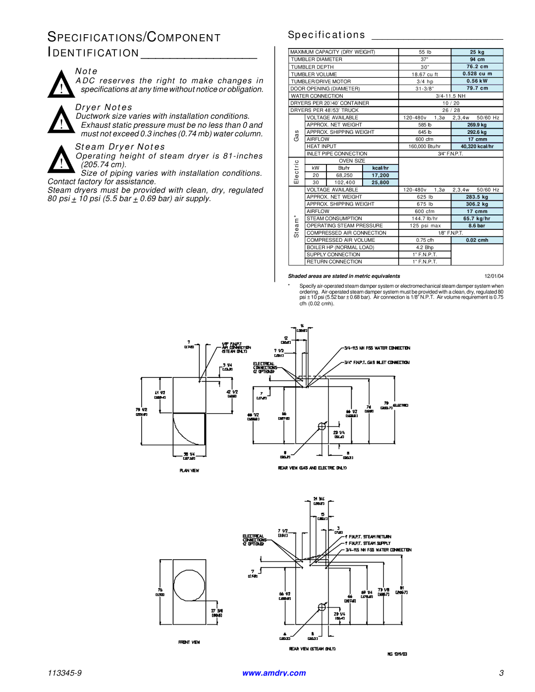 American Dryer Corp ML-55II installation manual Specifications/Component 