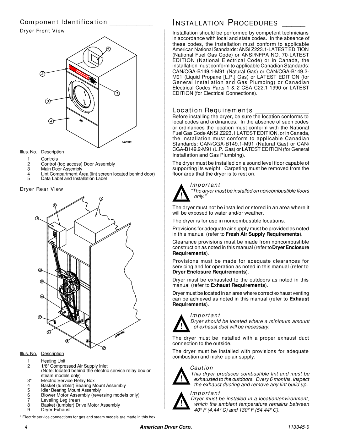 American Dryer Corp ML-55II Component Identification, Installation Procedures, Location Requirements, Dryer Front View 