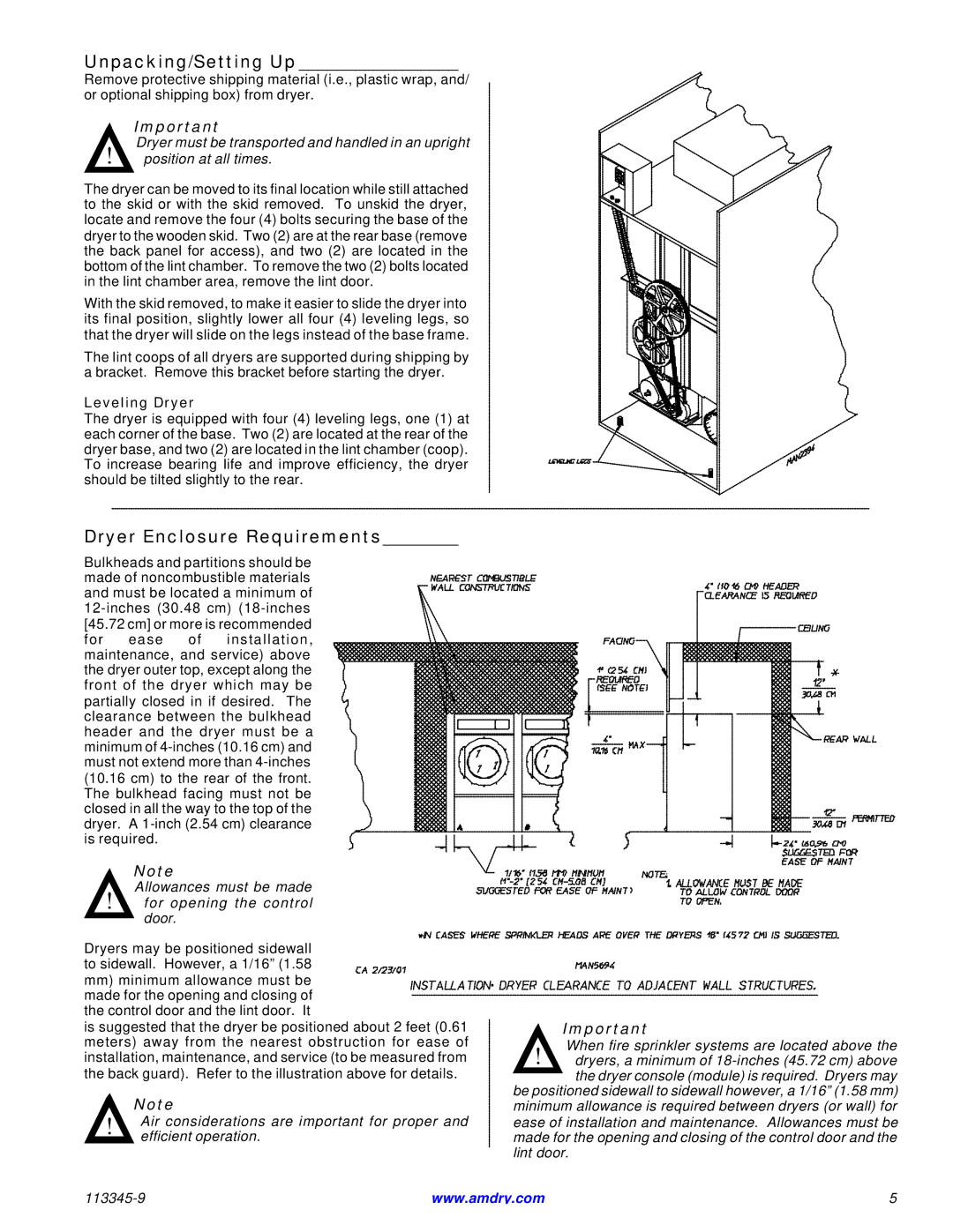 American Dryer Corp ML-55II installation manual Unpacking/Setting Up, Dryer Enclosure Requirements, Leveling Dryer 