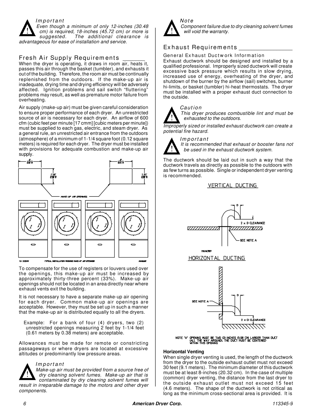 American Dryer Corp ML-55II Fresh Air Supply Requirements, Exhaust Requirements, General Exhaust Ductwork Information 