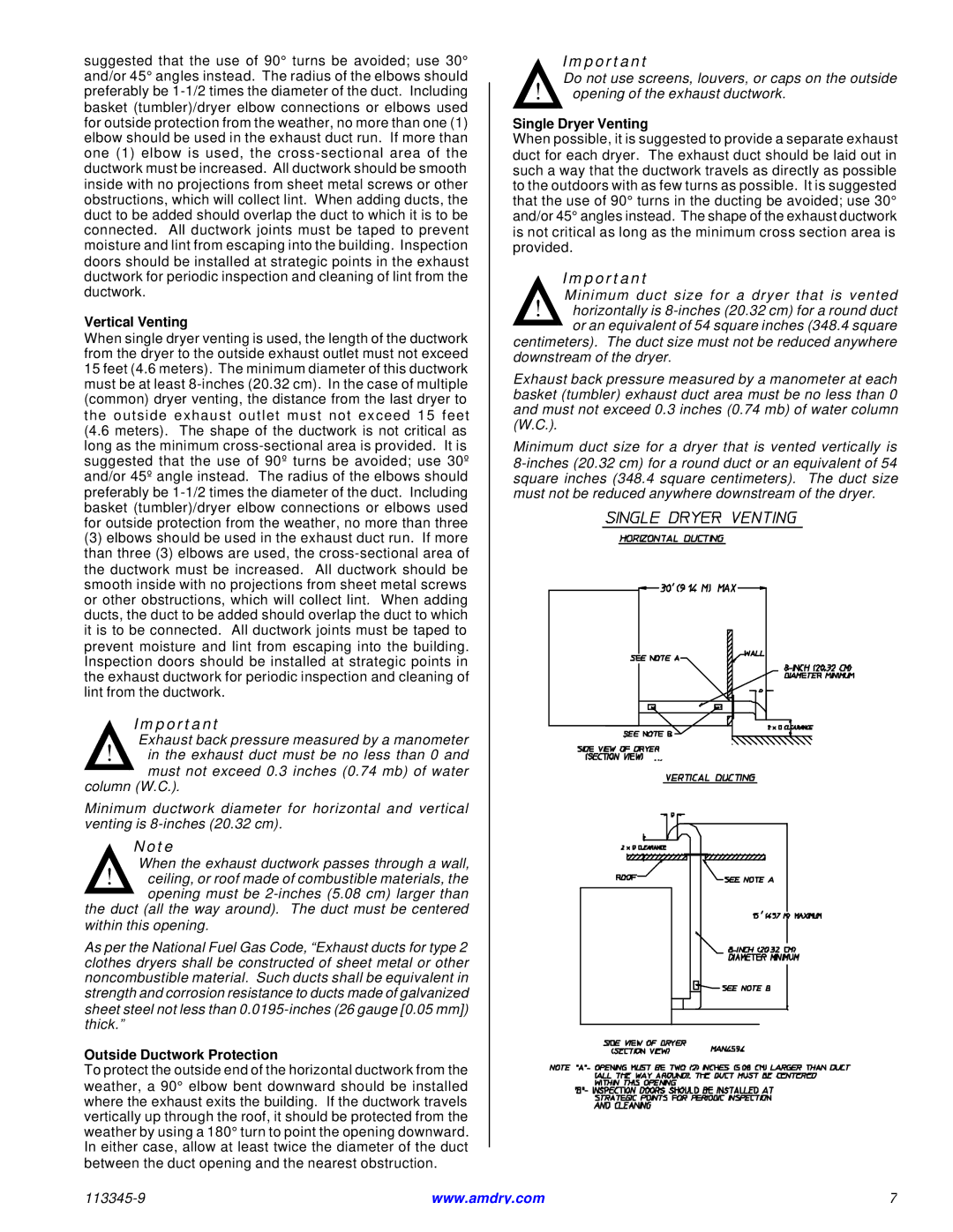 American Dryer Corp ML-55II installation manual Vertical Venting, Outside Ductwork Protection, Single Dryer Venting 