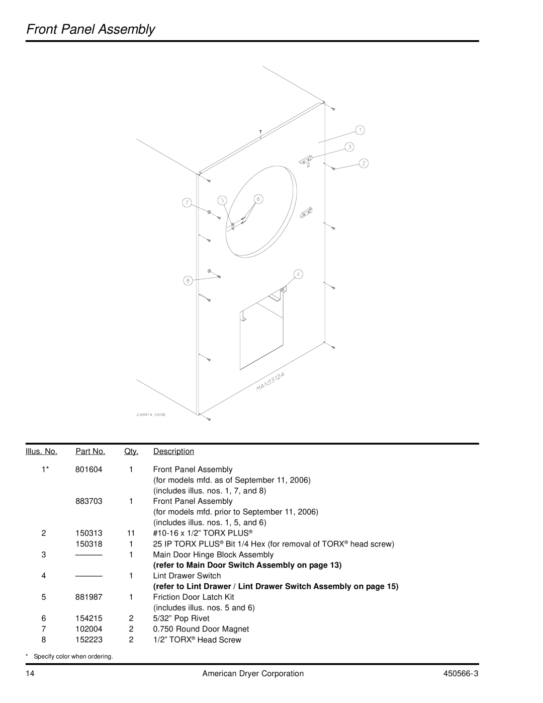 American Dryer Corp ML-758 manual Front Panel Assembly, Refer to Lint Drawer / Lint Drawer Switch Assembly on 