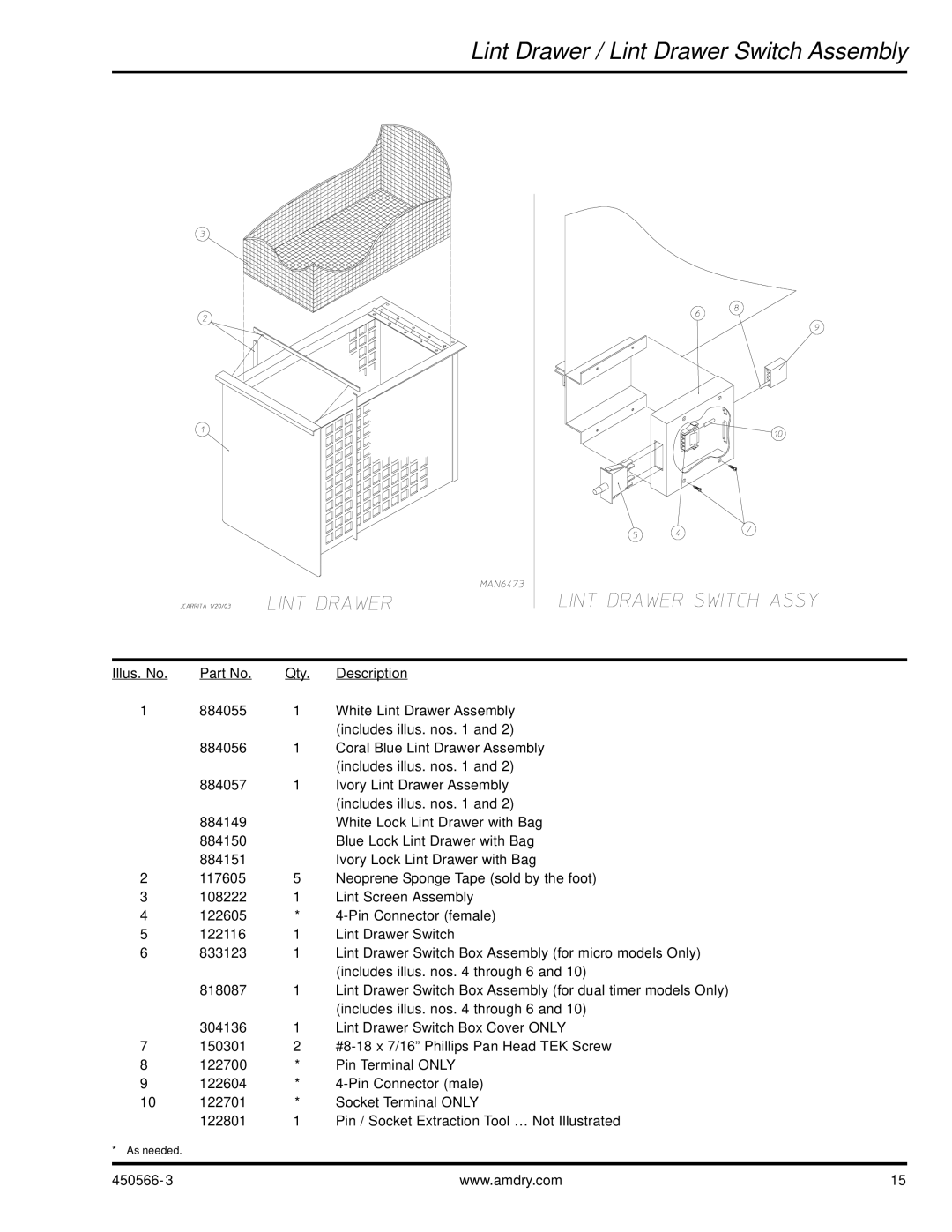 American Dryer Corp ML-758 manual Lint Drawer / Lint Drawer Switch Assembly 