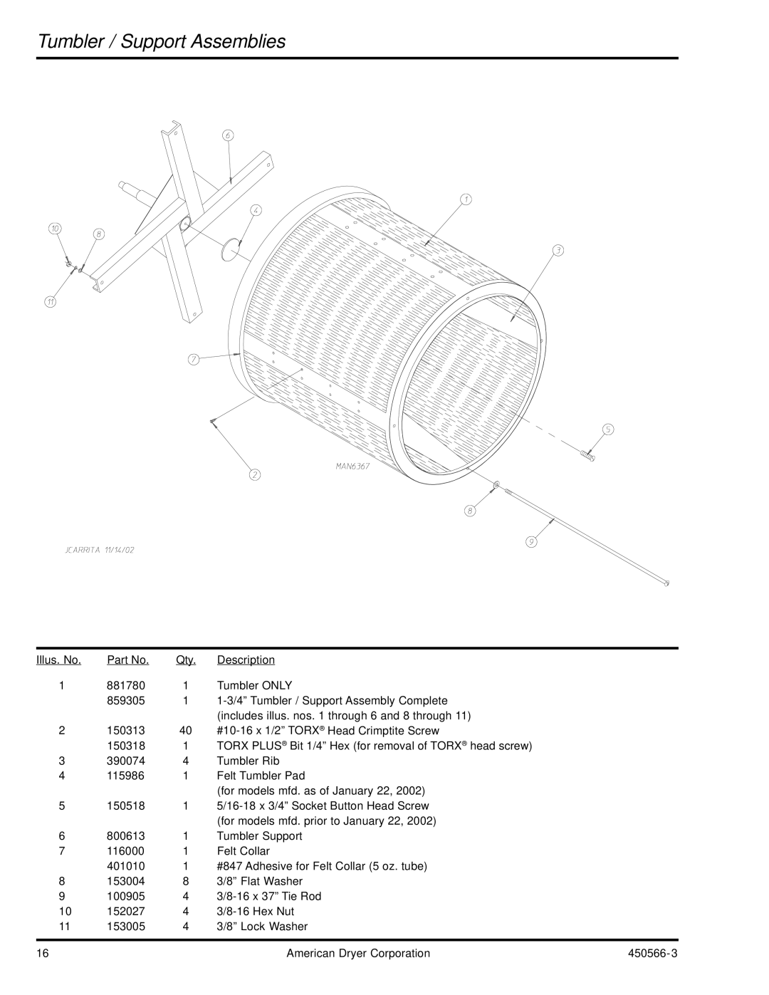 American Dryer Corp ML-758 manual Tumbler / Support Assemblies 