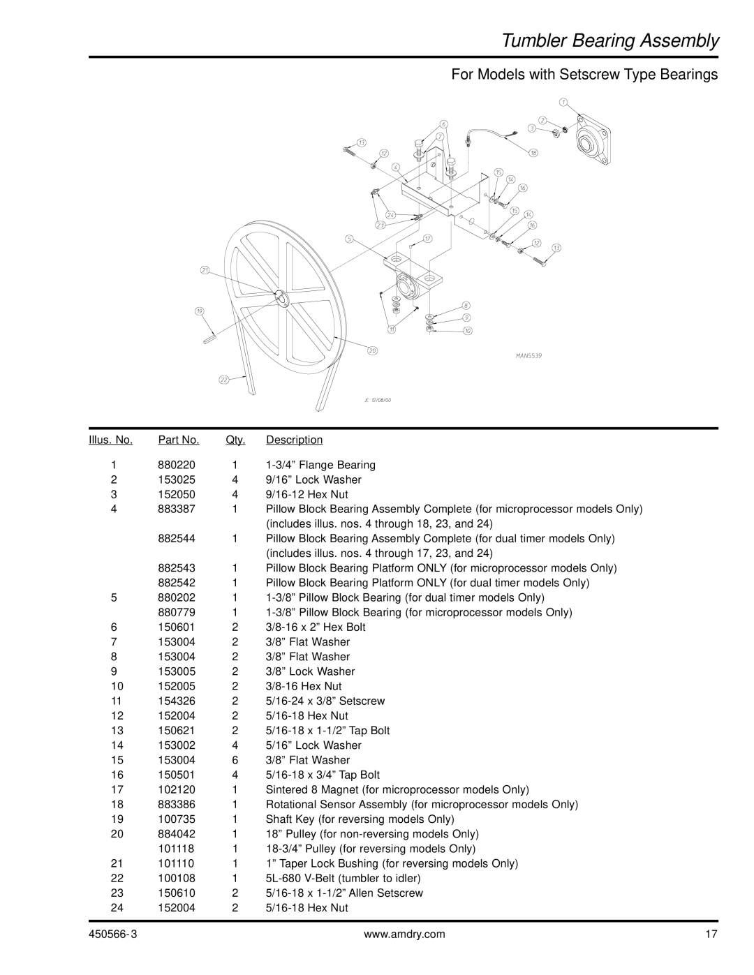 American Dryer Corp ML-758 manual Tumbler Bearing Assembly, For Models with Setscrew Type Bearings 