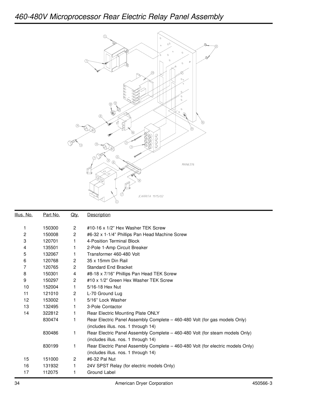 American Dryer Corp ML-758 manual 460-480V Microprocessor Rear Electric Relay Panel Assembly 