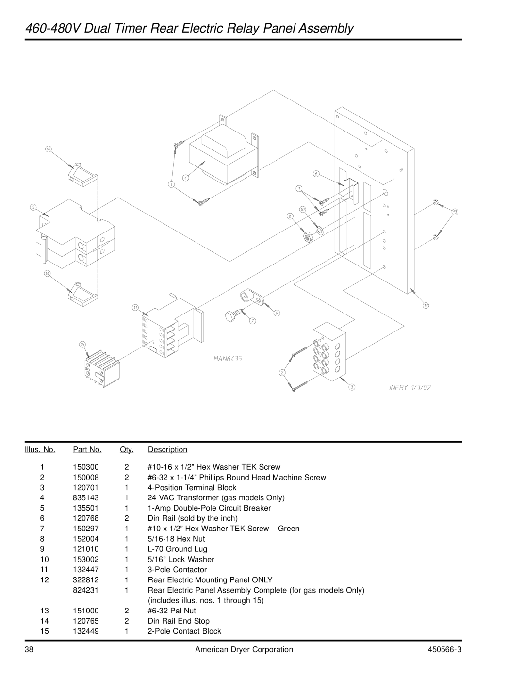 American Dryer Corp ML-758 manual 460-480V Dual Timer Rear Electric Relay Panel Assembly 