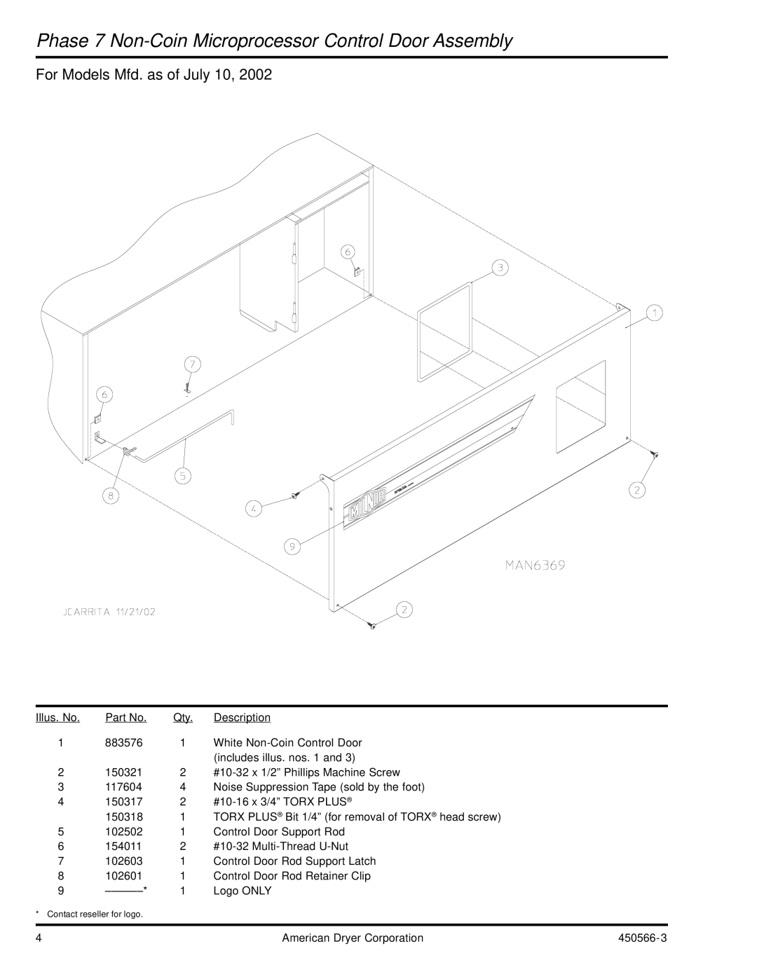 American Dryer Corp ML-758 manual Phase 7 Non-Coin Microprocessor Control Door Assembly, For Models Mfd. as of July 10 