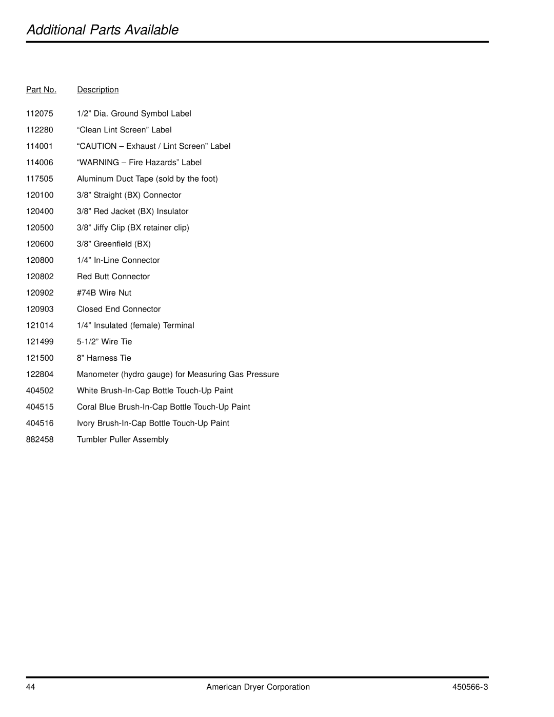 American Dryer Corp ML-758 manual Additional Parts Available 