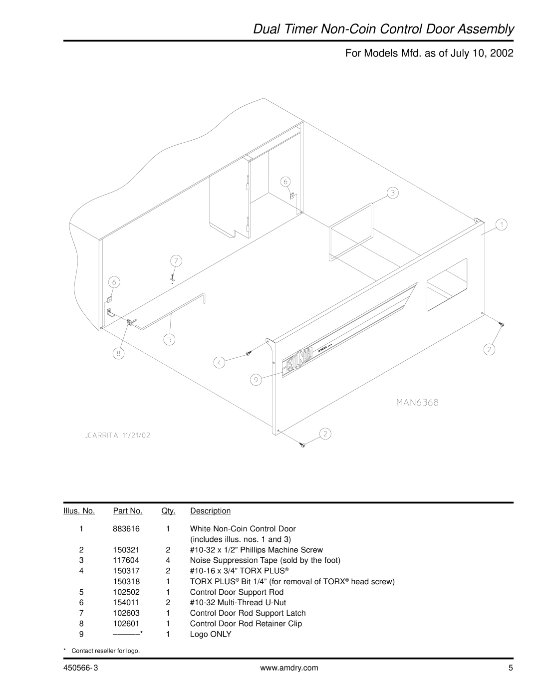 American Dryer Corp ML-758 manual Dual Timer Non-Coin Control Door Assembly 