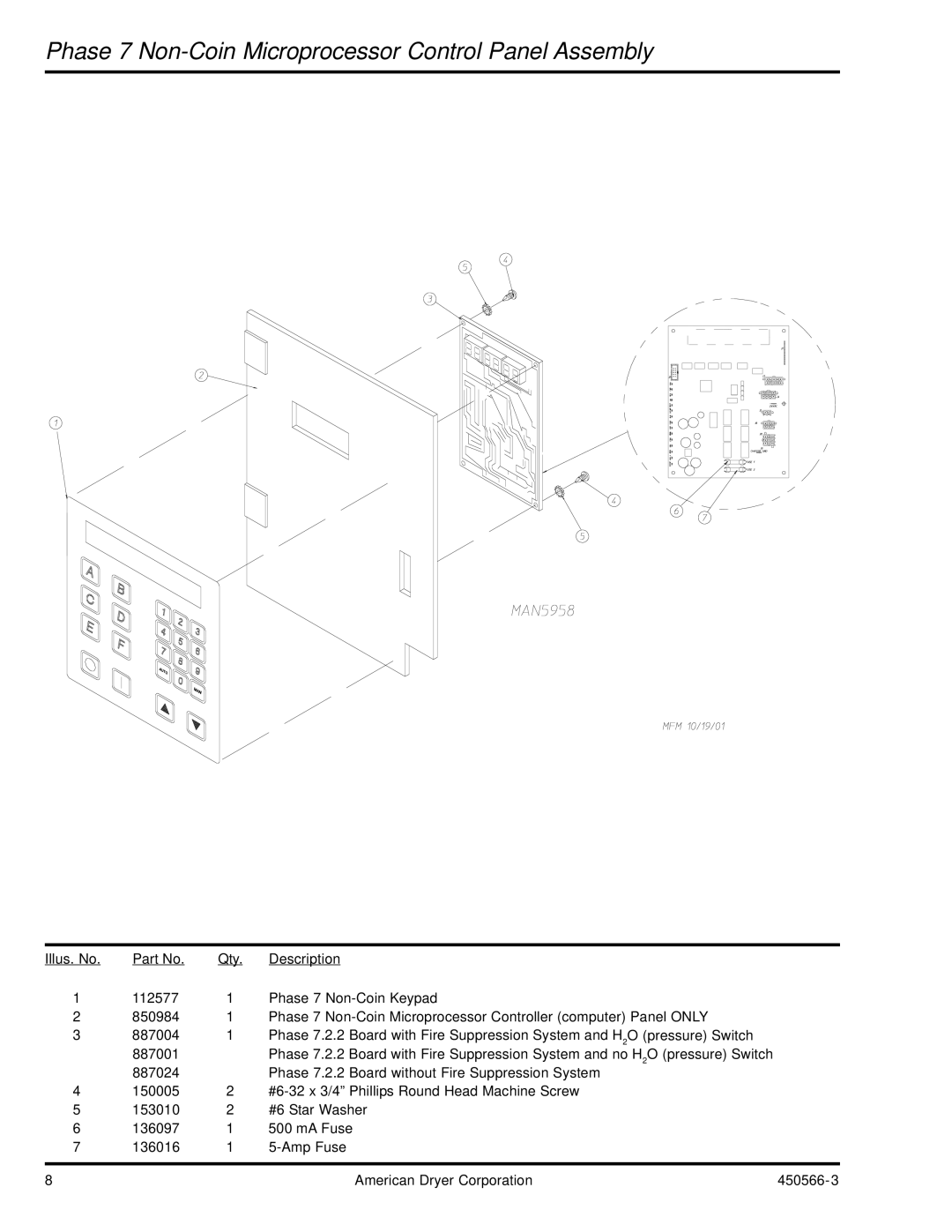 American Dryer Corp ML-758 manual Phase 7 Non-Coin Microprocessor Control Panel Assembly 