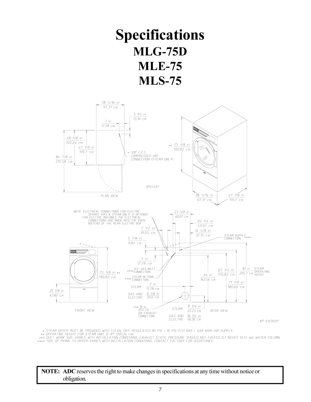 American Dryer Corp ML-75DIII installation manual Specifications 