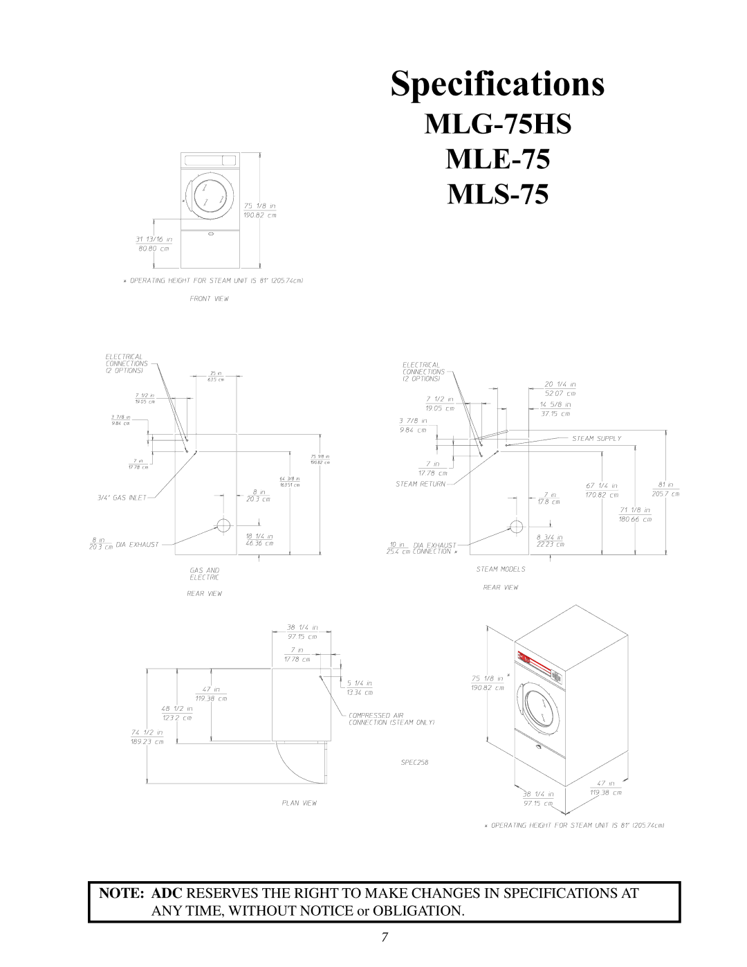 American Dryer Corp ML-75HS installation manual Specifications 