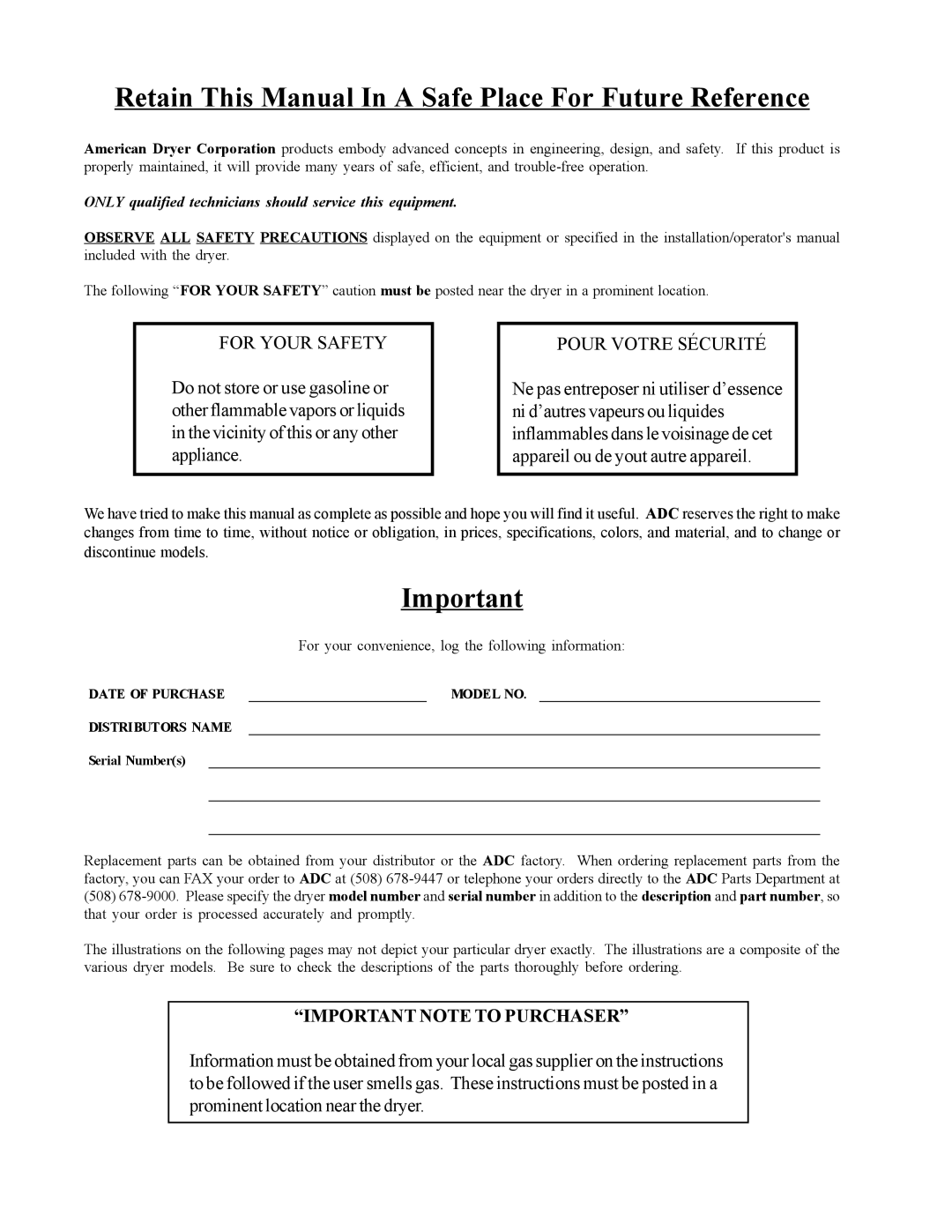 American Dryer Corp ML-75HS installation manual Retain This Manual In a Safe Place For Future Reference 