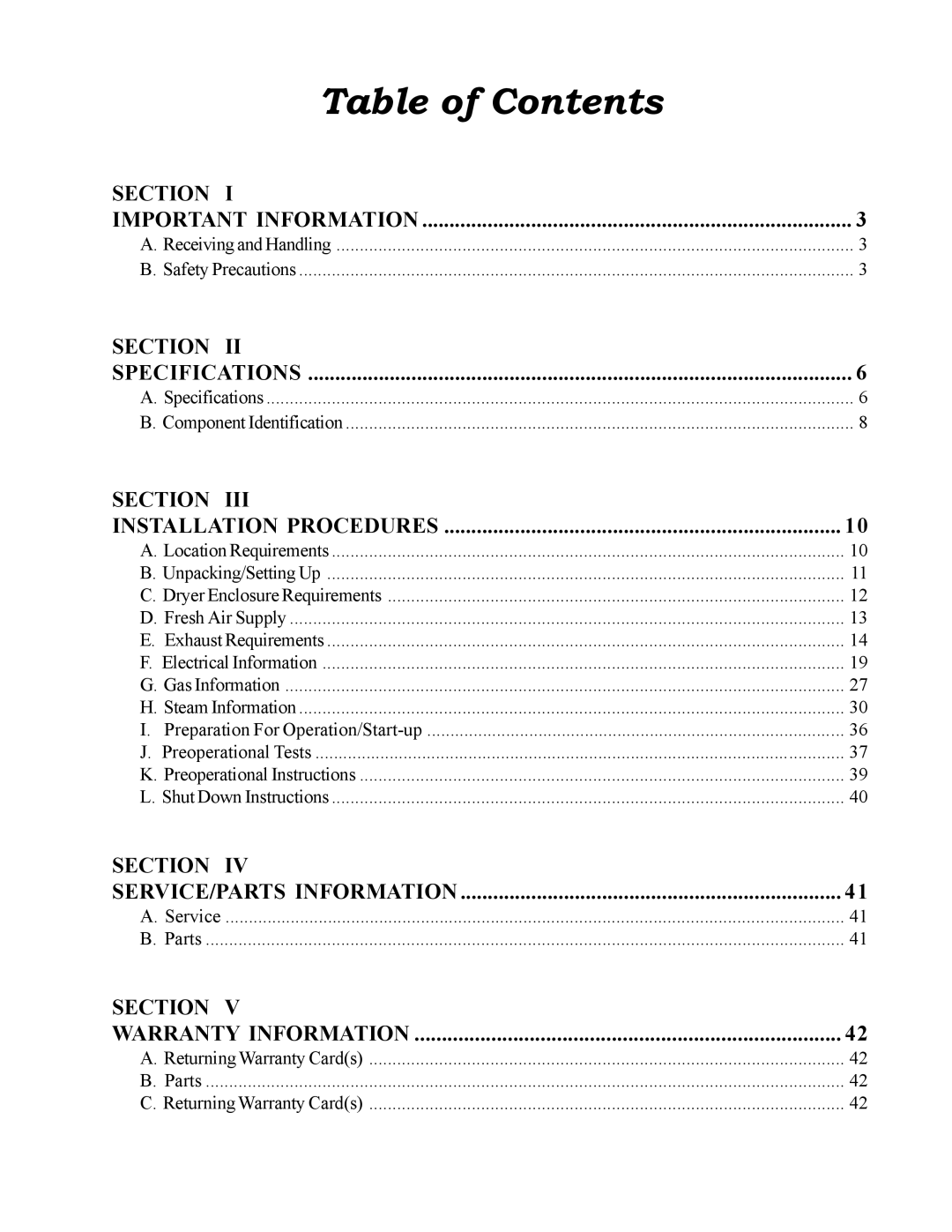 American Dryer Corp ML-75HS installation manual Table of Contents 