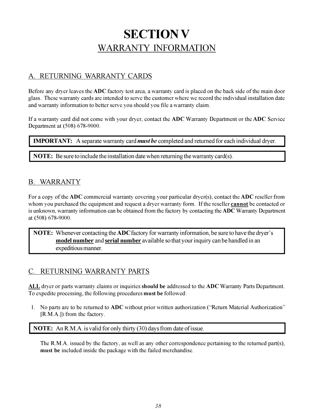 American Dryer Corp ML-75V installation manual Warranty Information, Returning Warranty Cards, Returning Warranty Parts 