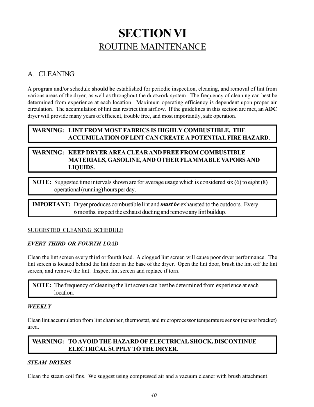 American Dryer Corp ML-75V installation manual Routine Maintenance, Cleaning 