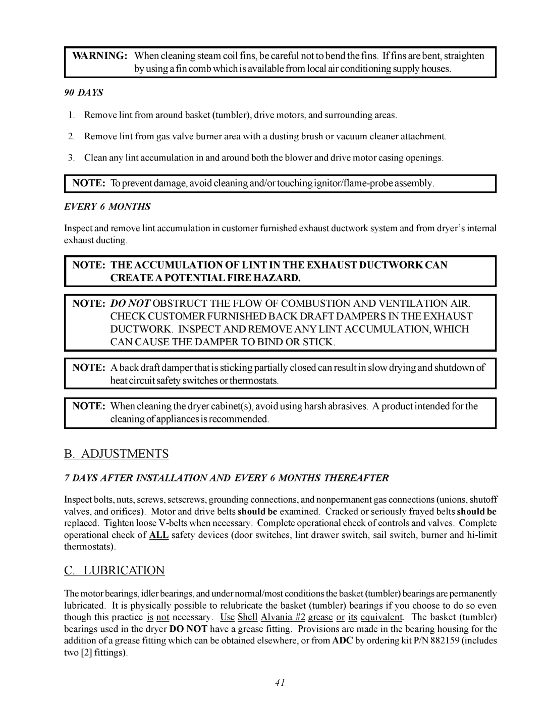 American Dryer Corp ML-75V installation manual Adjustments, Lubrication 