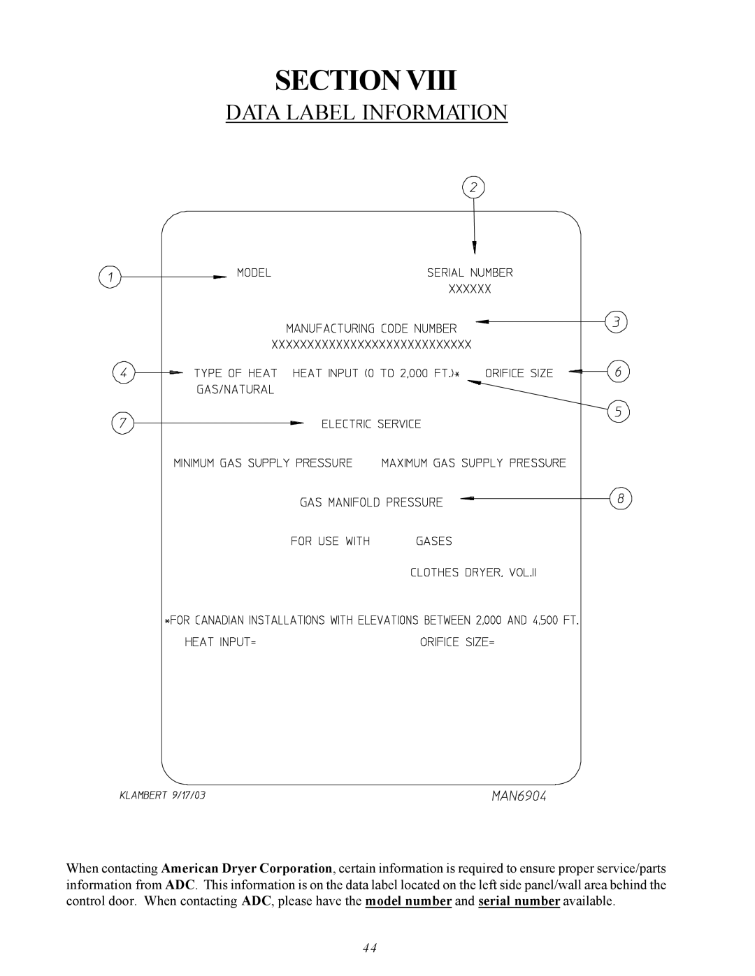 American Dryer Corp ML-75V installation manual Data Label Information 