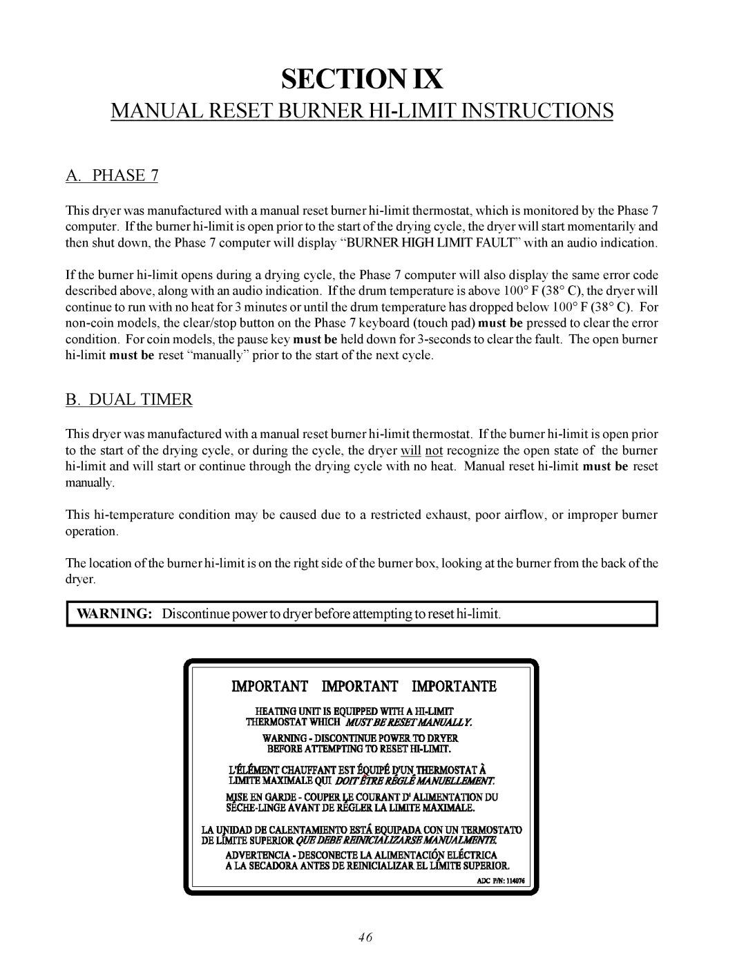 American Dryer Corp ML-75V installation manual Manual Reset Burner HI-LIMIT Instructions, Phase, Dual Timer 