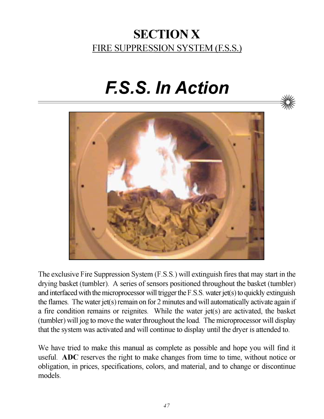 American Dryer Corp ML-75V installation manual S. In Action, Fire Suppression System F.S.S 