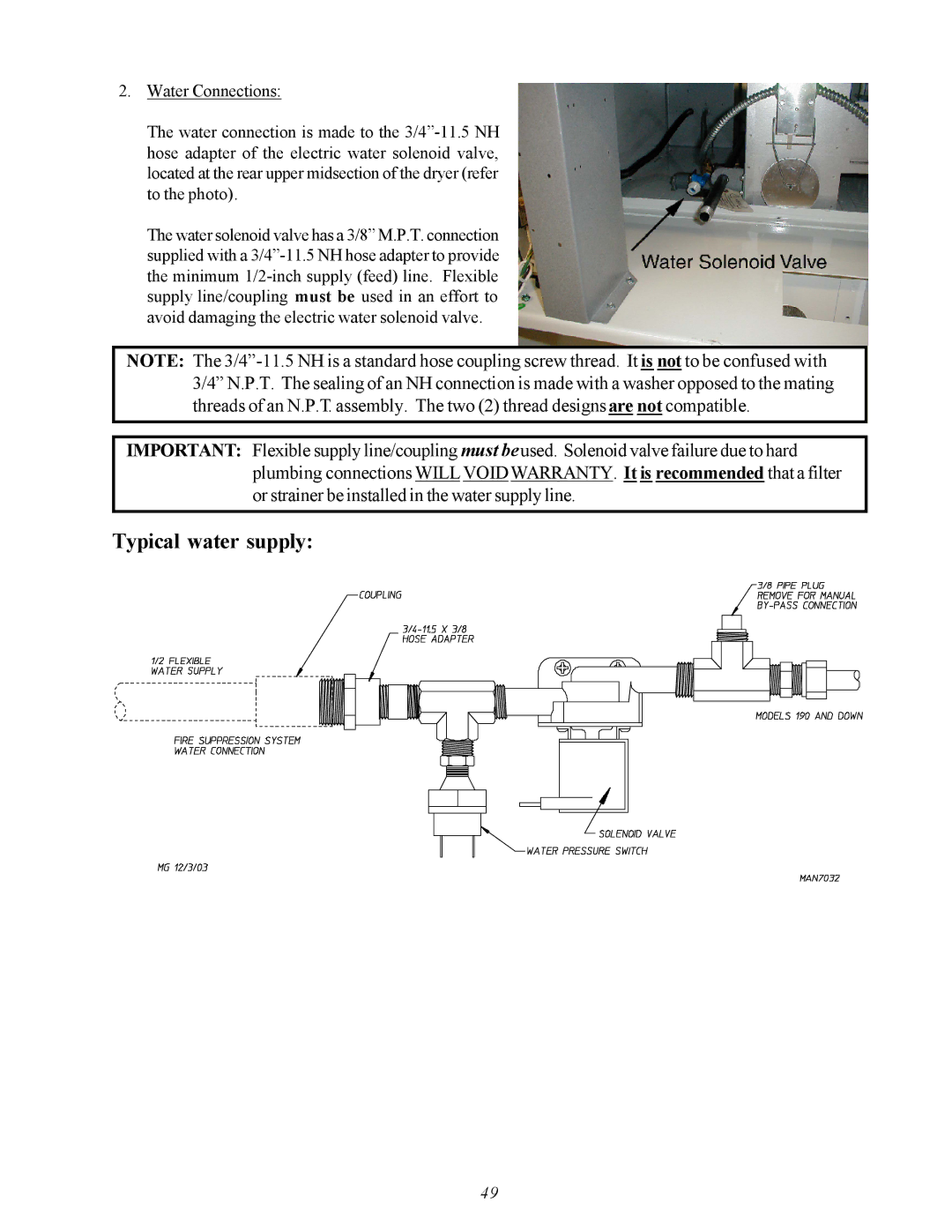 American Dryer Corp ML-75V installation manual Typical water supply 