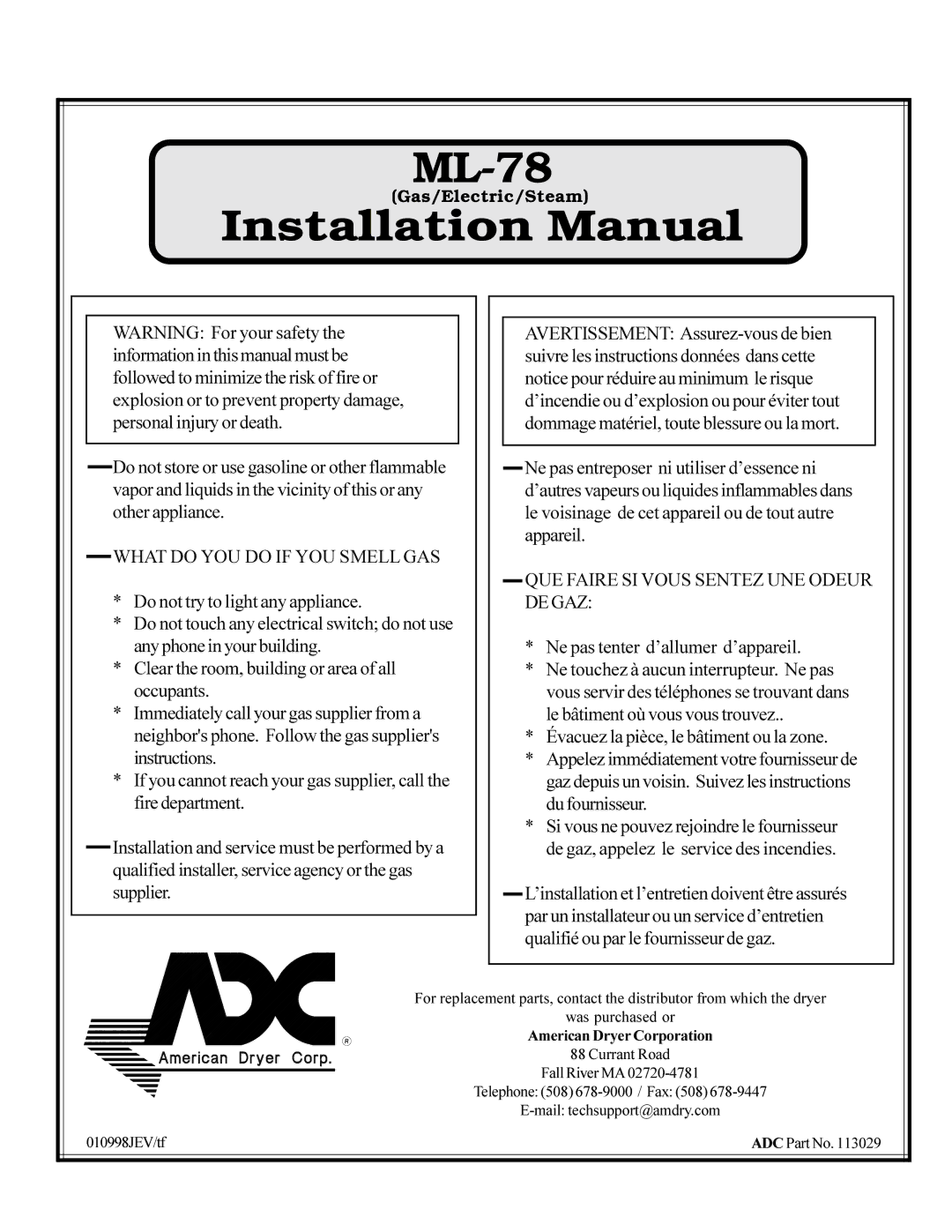 American Dryer Corp ML-78 installation manual 