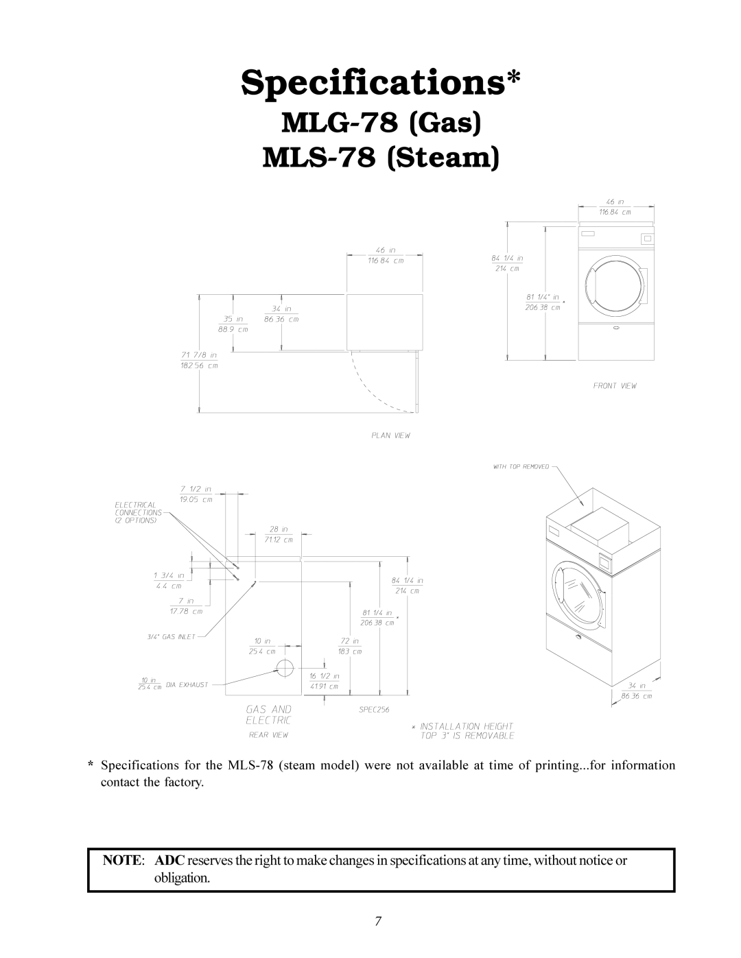 American Dryer Corp ML-78 installation manual Specifications 