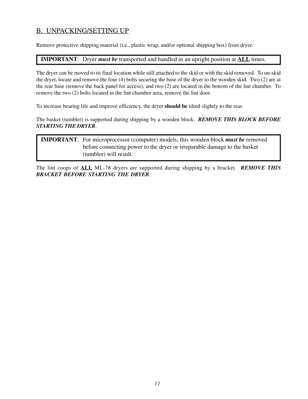 American Dryer Corp ML-78 installation manual Unpacking/Setting Up 