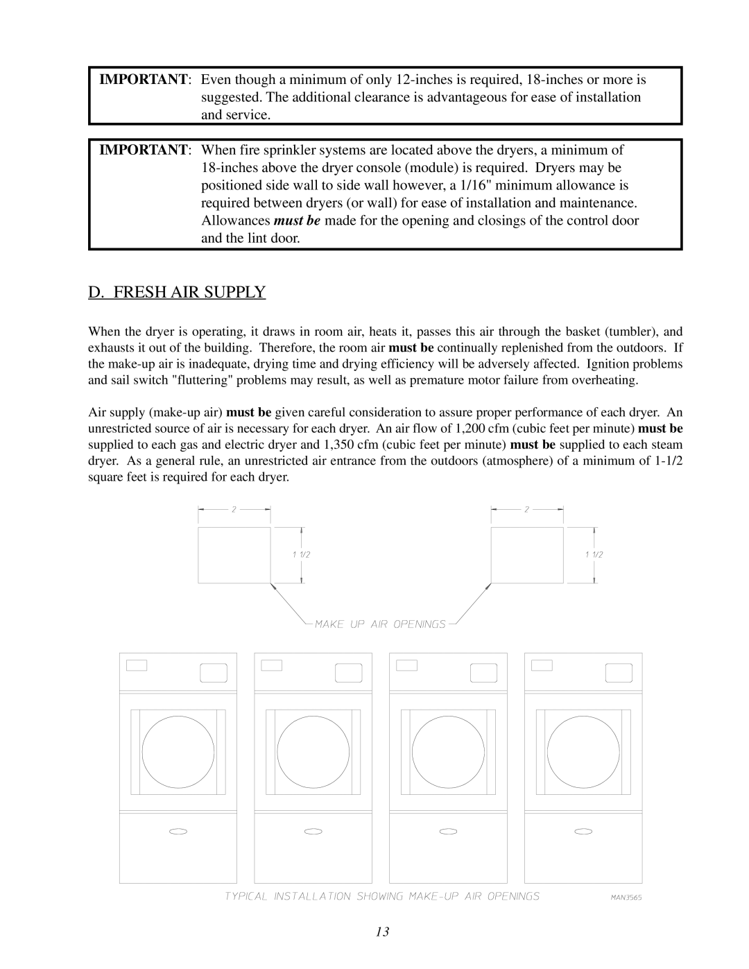 American Dryer Corp ML-78 installation manual Fresh AIR Supply 