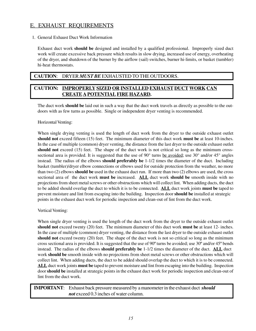 American Dryer Corp ML-78 installation manual Exhaust Requirements 