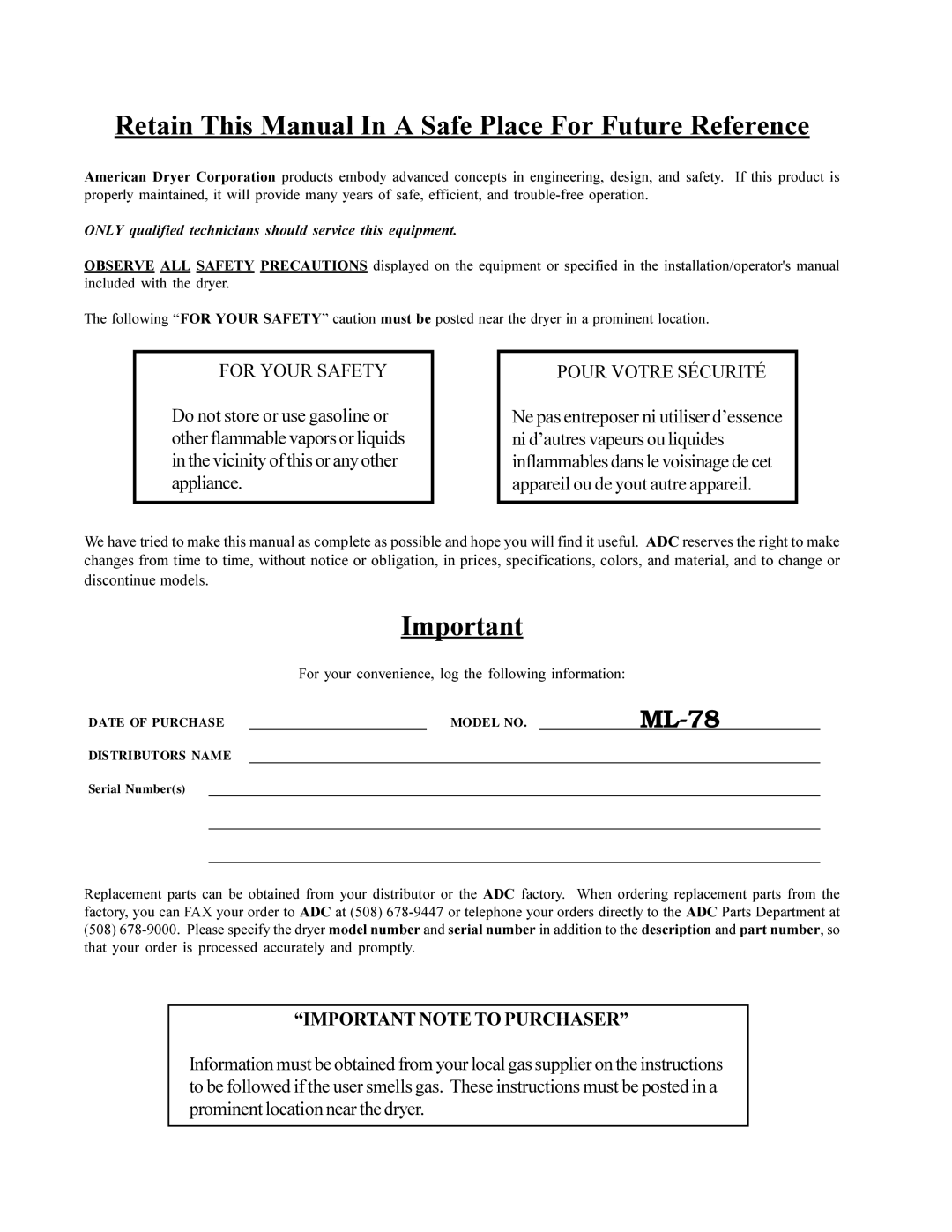 American Dryer Corp ML-78 installation manual Retain This Manual In a Safe Place For Future Reference 