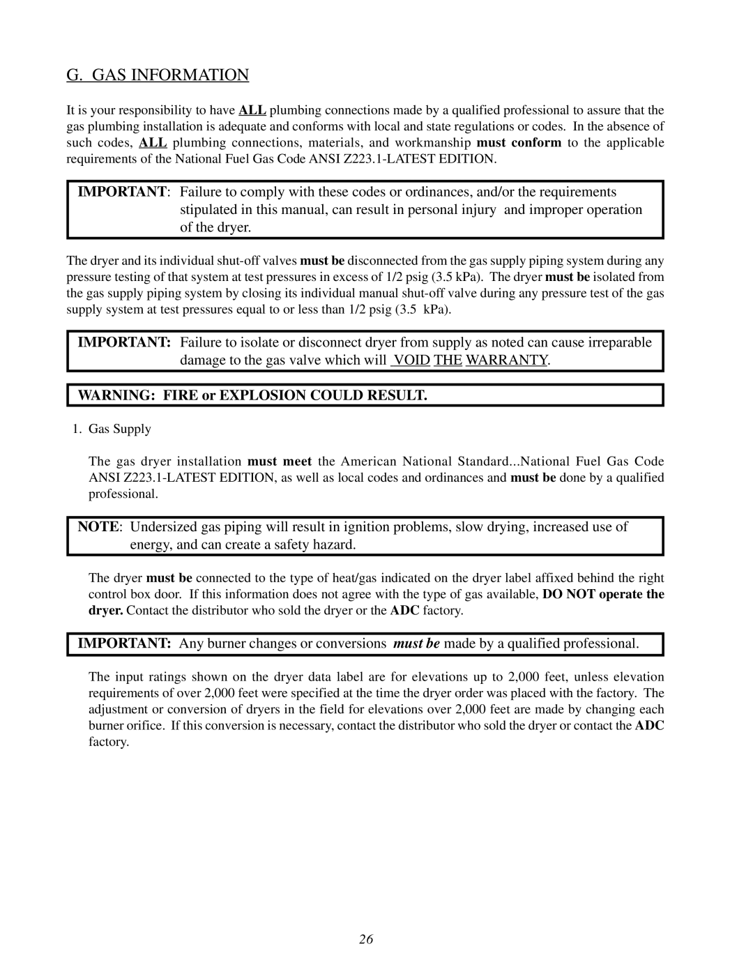 American Dryer Corp ML-78 installation manual GAS Information 