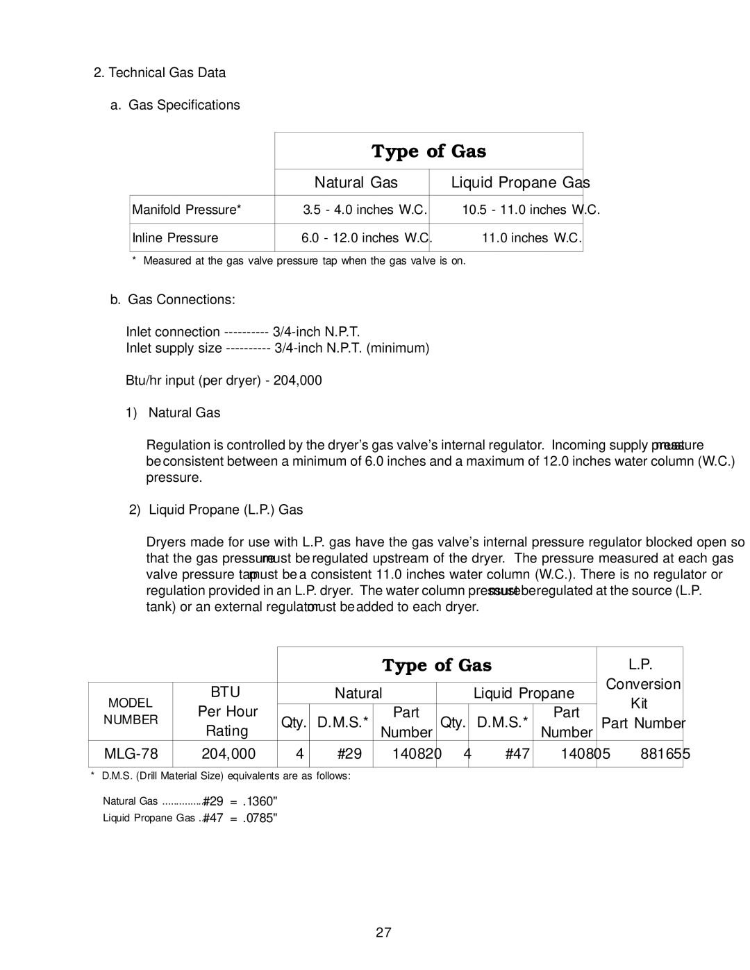 American Dryer Corp ML-78 installation manual Type of Gas 