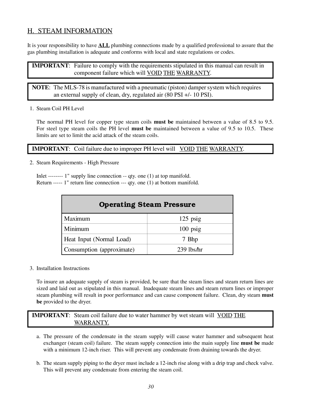 American Dryer Corp ML-78 installation manual Steam Information, Operating Steam Pressure 