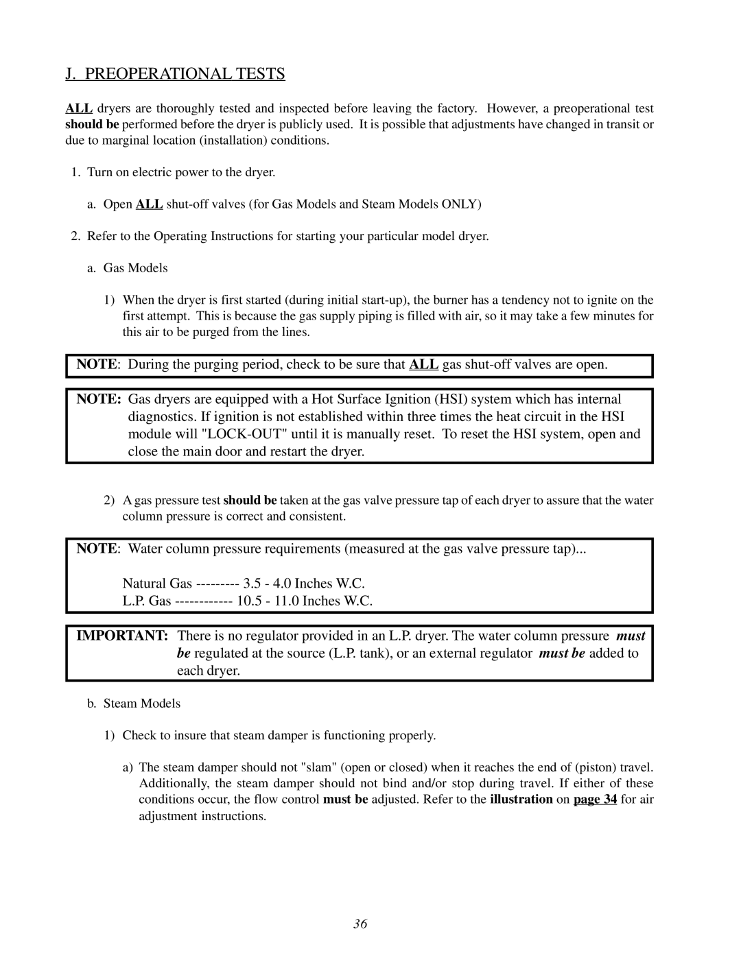 American Dryer Corp ML-78 installation manual Preoperational Tests 