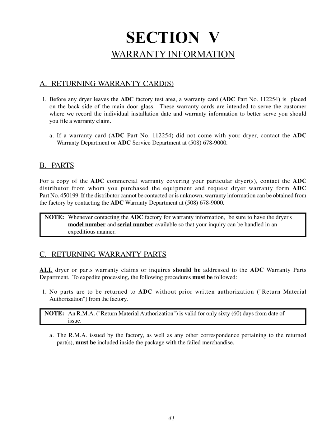 American Dryer Corp ML-78 installation manual Warranty Information, Returning Warranty Cards, Returning Warranty Parts 