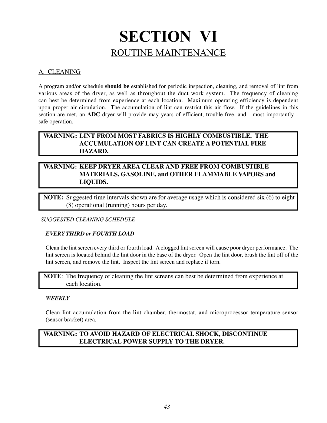 American Dryer Corp ML-78 installation manual Routine Maintenance, Cleaning 