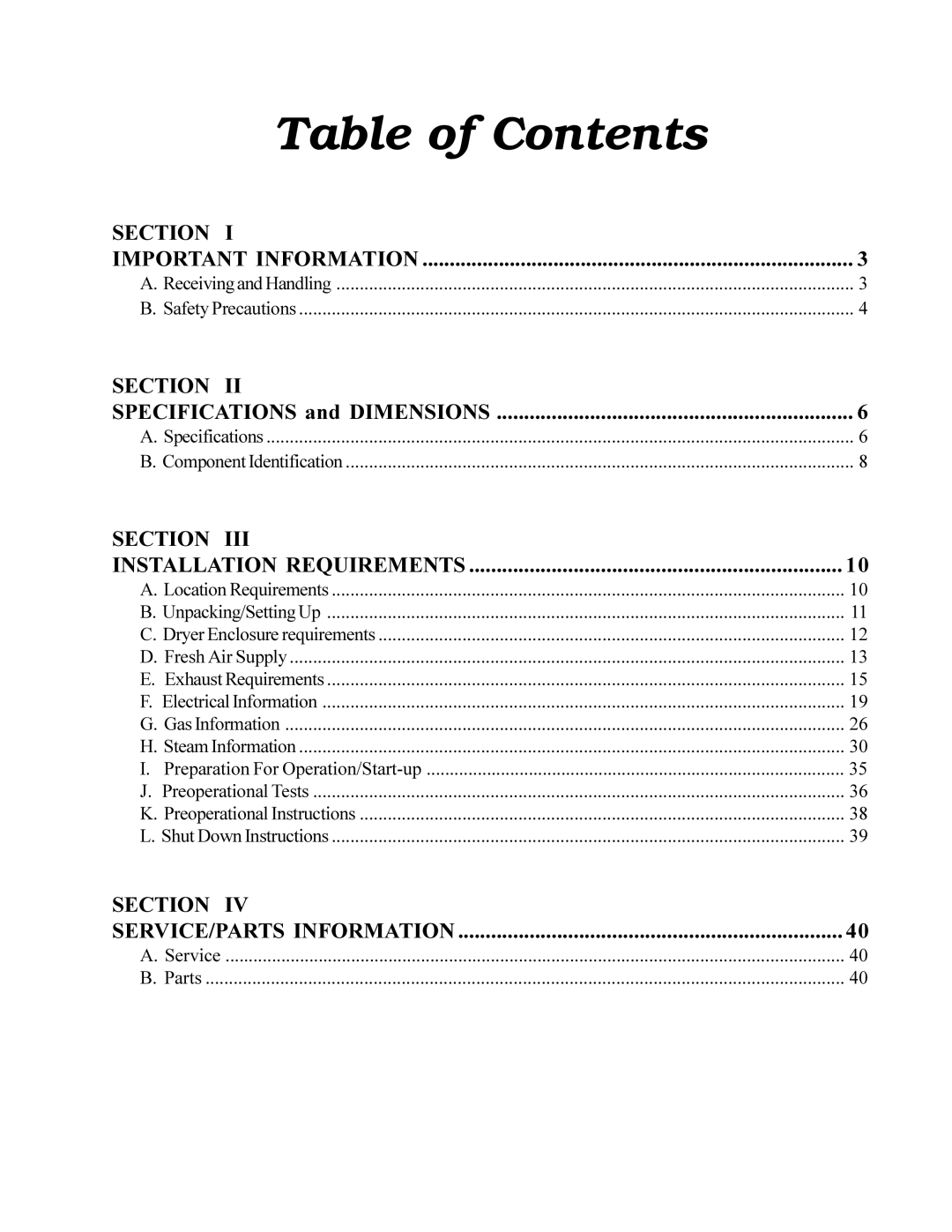 American Dryer Corp ML-78 installation manual Table of Contents 