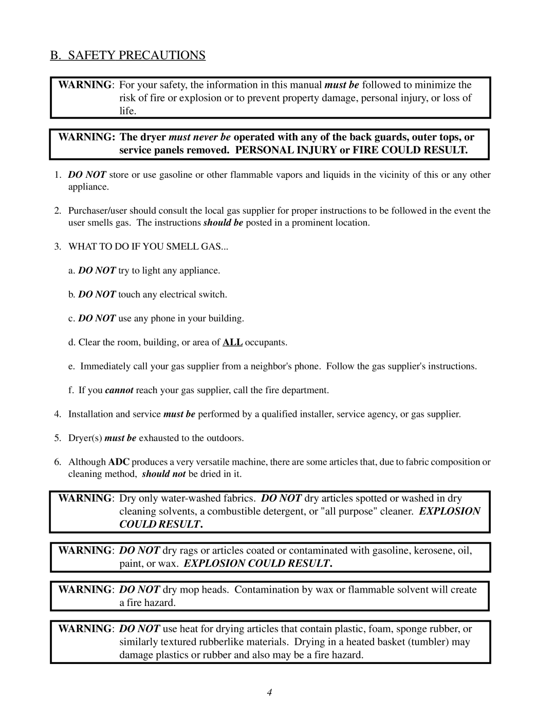 American Dryer Corp ML-78 installation manual Safety Precautions, What to do if YOU Smell GAS 