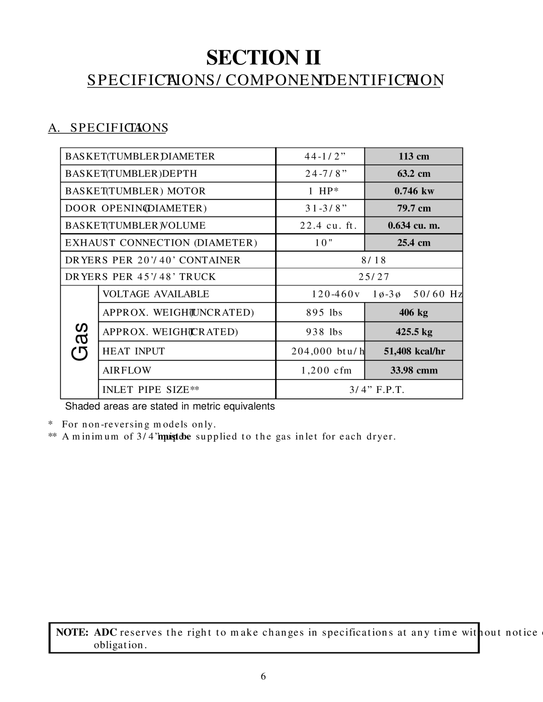 American Dryer Corp ML-78II installation manual SPECIFICATIONS/COMPONENT Identification, Specifications 