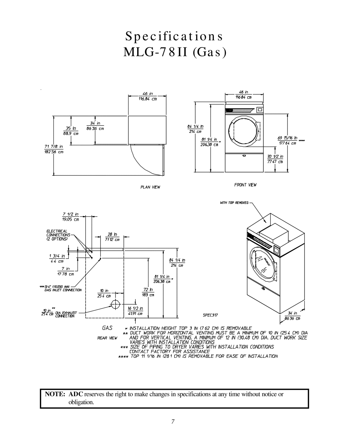 American Dryer Corp ML-78II installation manual Specifications MLG-78II Gas 