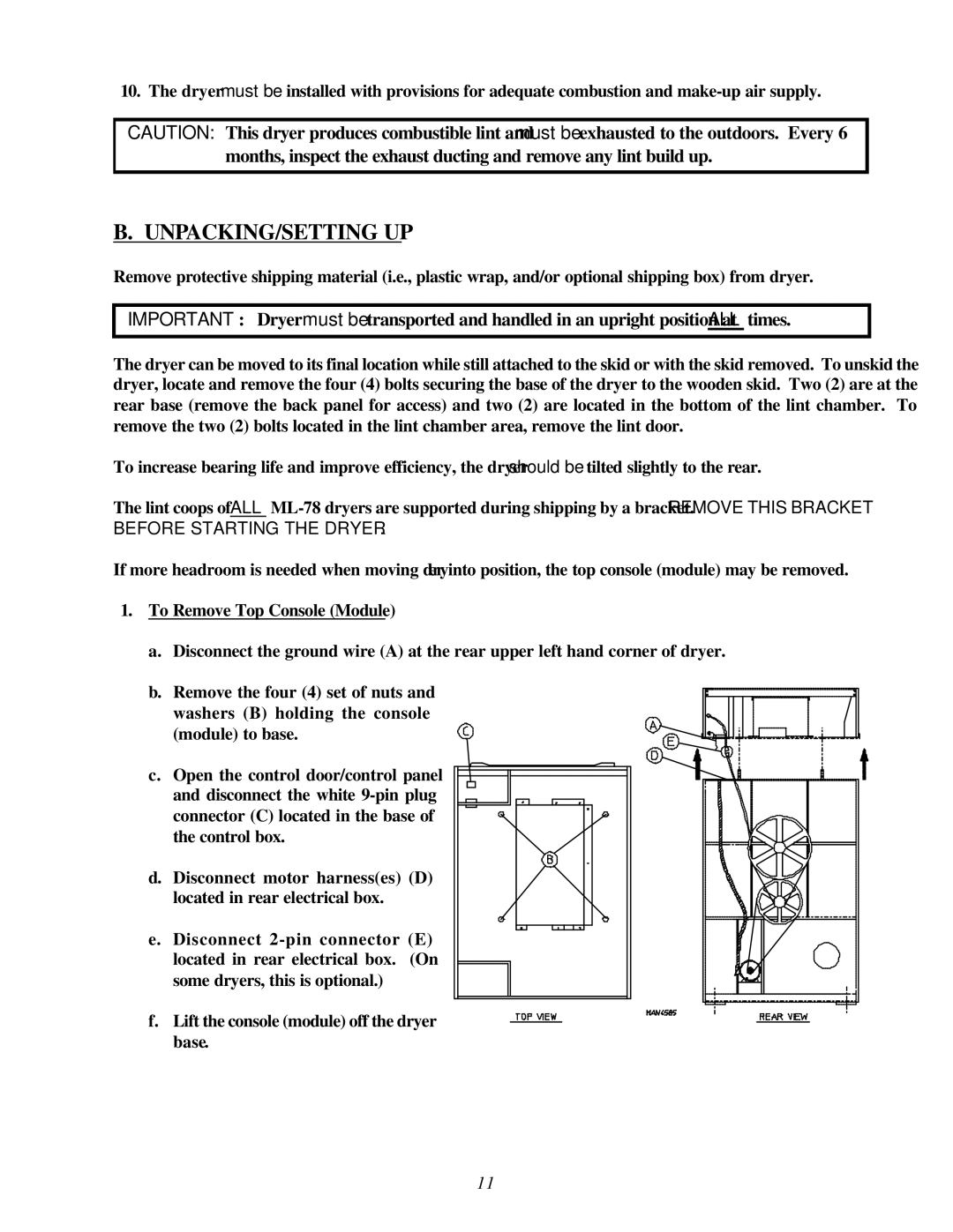 American Dryer Corp ML-78II installation manual Unpacking/Setting Up, Before Starting the Dryer 