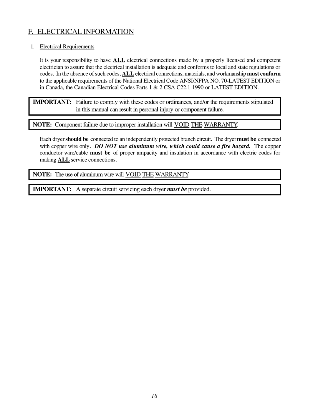 American Dryer Corp ML-78II installation manual Electrical Information, Electrical Requirements 