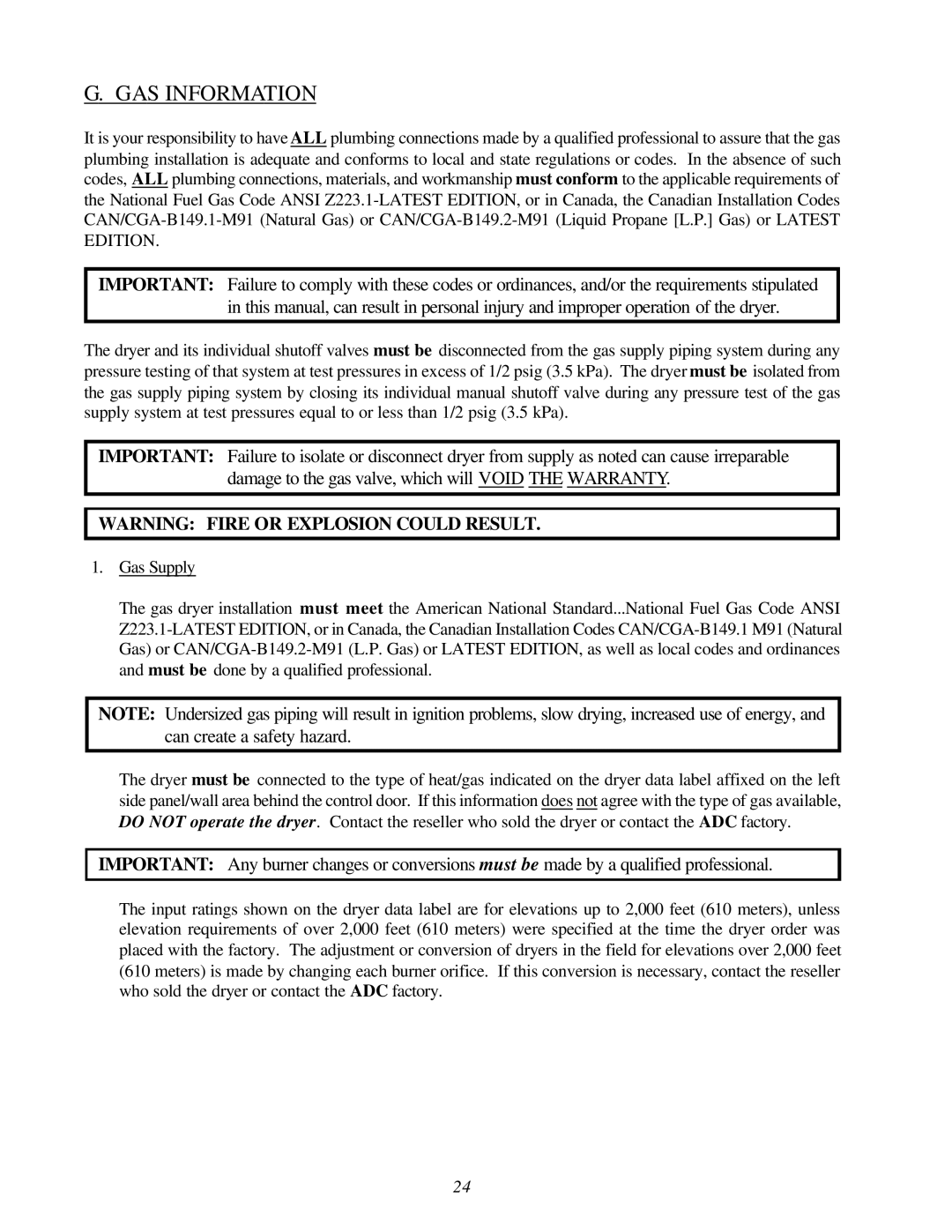 American Dryer Corp ML-78II installation manual GAS Information 