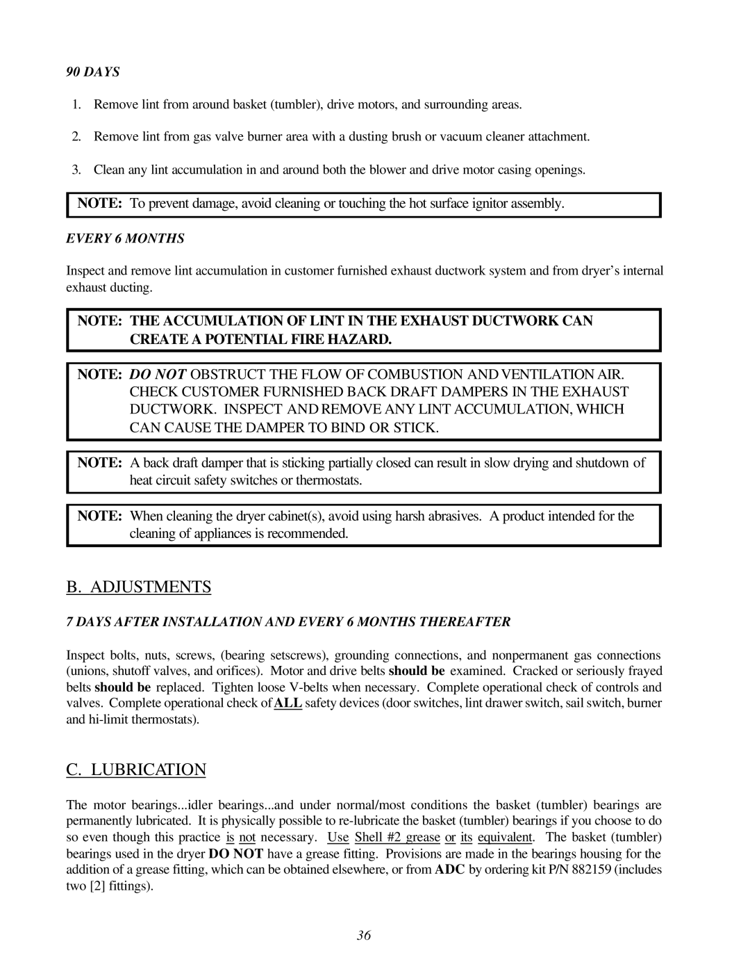 American Dryer Corp ML-78II installation manual Adjustments, Lubrication 