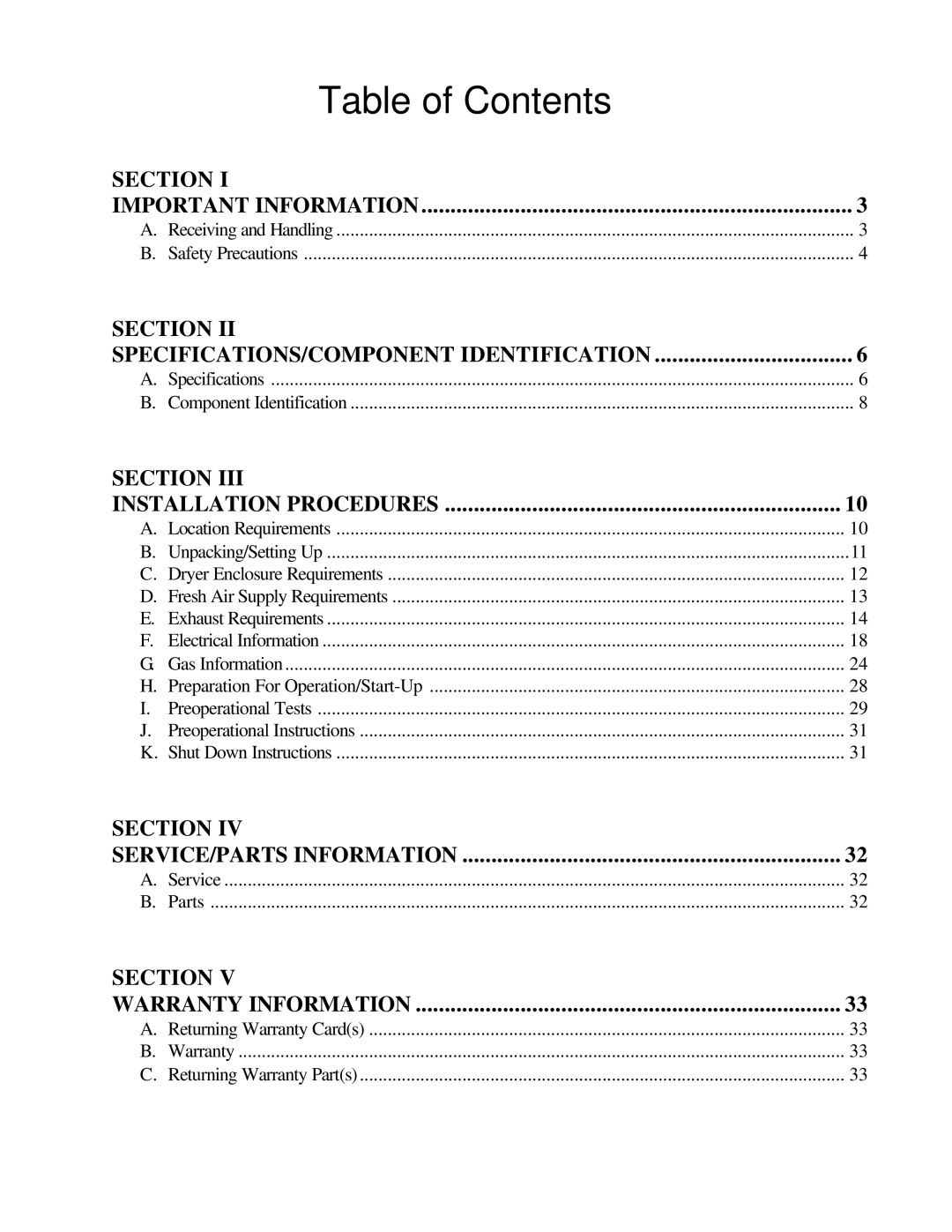 American Dryer Corp ML-78II installation manual Table of Contents 